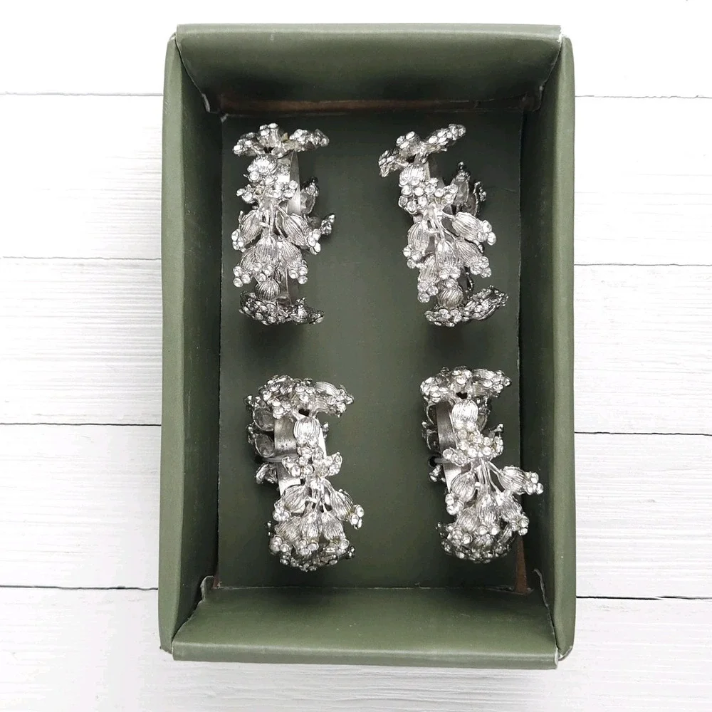 Silver Tone Napkin Ring Rhinestone Floral Metal Glam Wedding Christmas Shabby 4